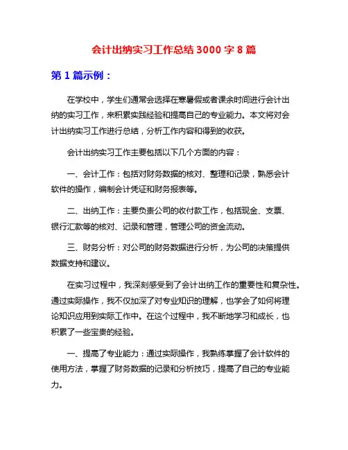 会计出纳实习工作总结3000字8篇