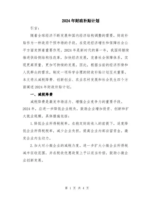 2024年财政补贴计划