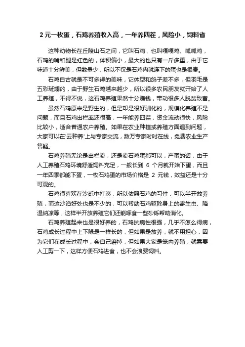2元一枚蛋，石鸡养殖收入高，一年养四茬，风险小，饲料省