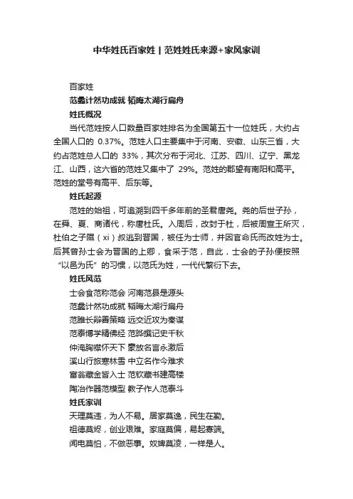 中华姓氏百家姓丨范姓姓氏来源+家风家训