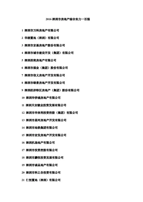 2016深圳市房地产综合实力一百强