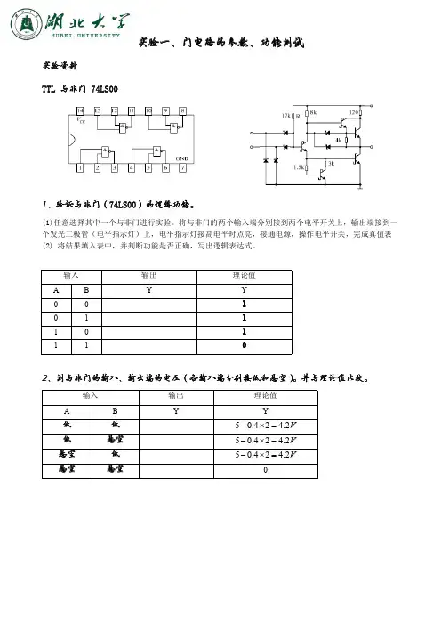 数电实验一、门电路的参数、功能测试