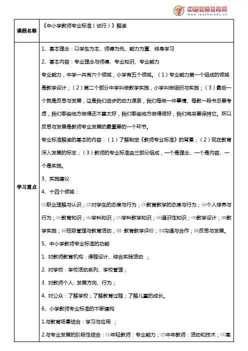 《中小学教师专业标准(试行)》解读笔记