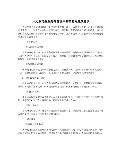 火力发电企业财务管理中存在的问题及建议