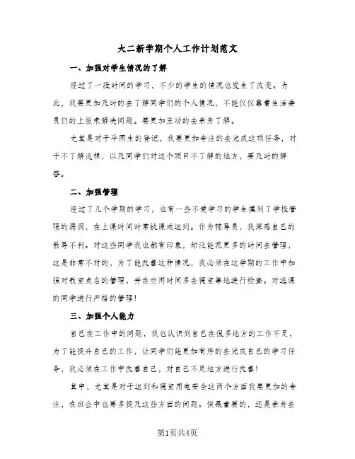 大二新学期个人工作计划范文（3篇）