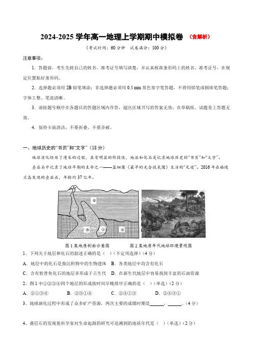 2024-2025学年高一上学期期中模拟考试地理试题(上海专用)含解析