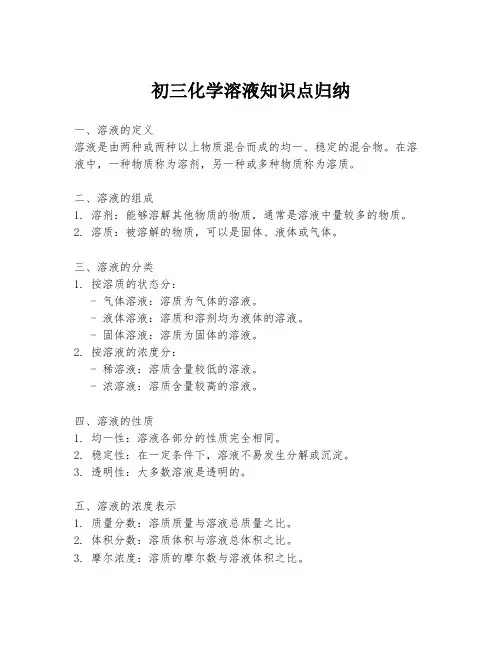 初三化学溶液知识点归纳