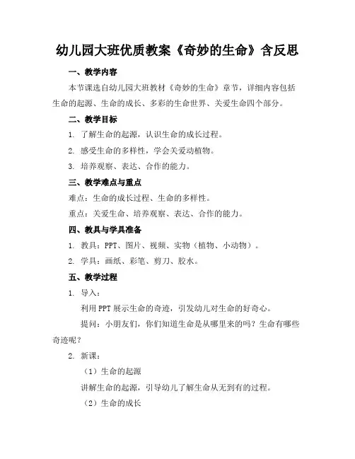 幼儿园大班优质教案《奇妙的生命》含反思