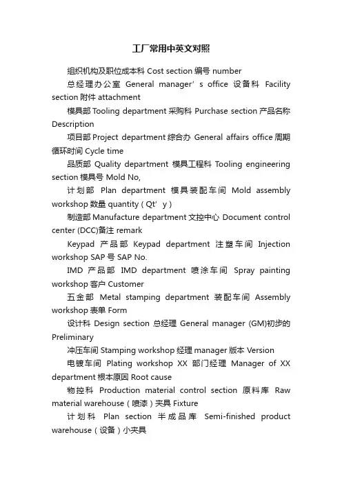 工厂常用中英文对照