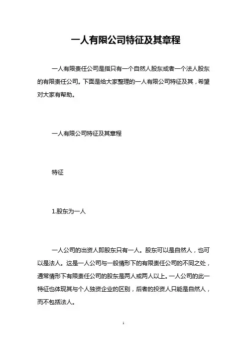 一人有限公司特征及其章程