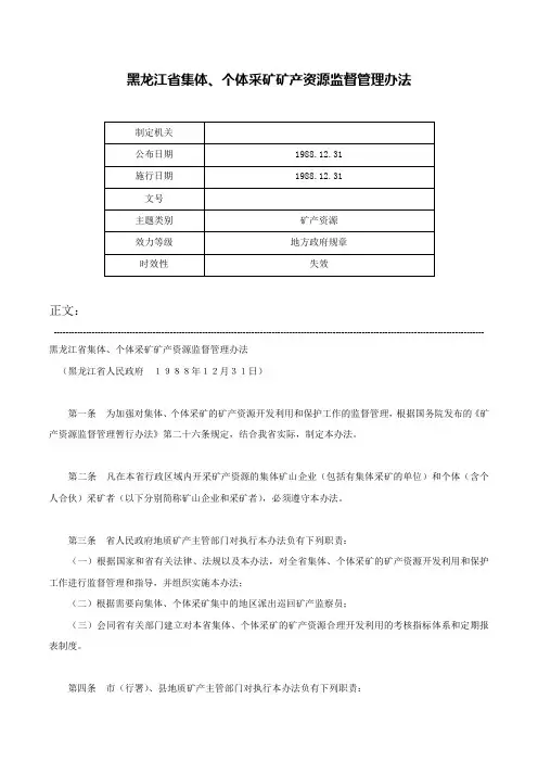 黑龙江省集体、个体采矿矿产资源监督管理办法-