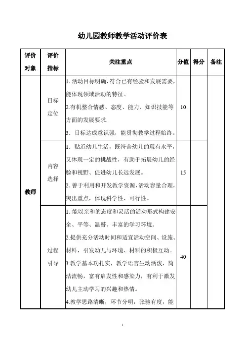 幼儿园教师教学活动评价表