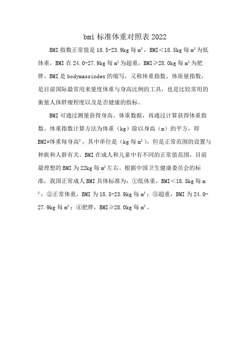 bmi标准体重对照表2022