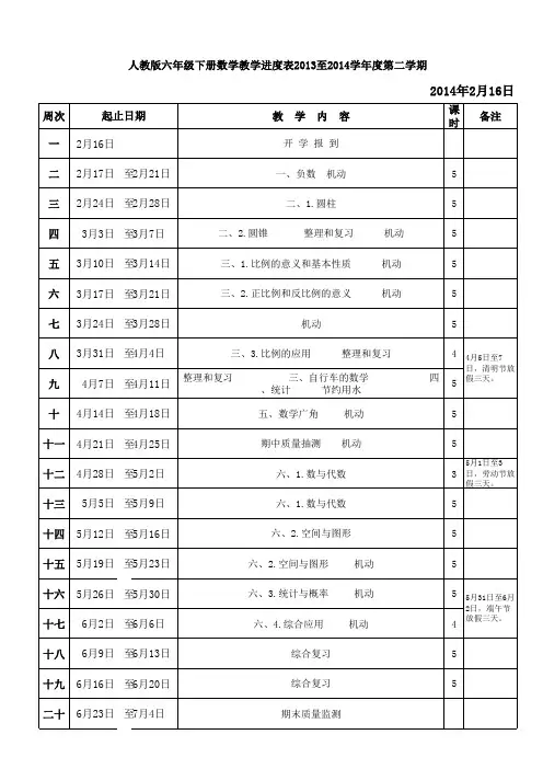 人教版六年级下册数学教学进度表、教学安排2013至2014学年度第二学期
