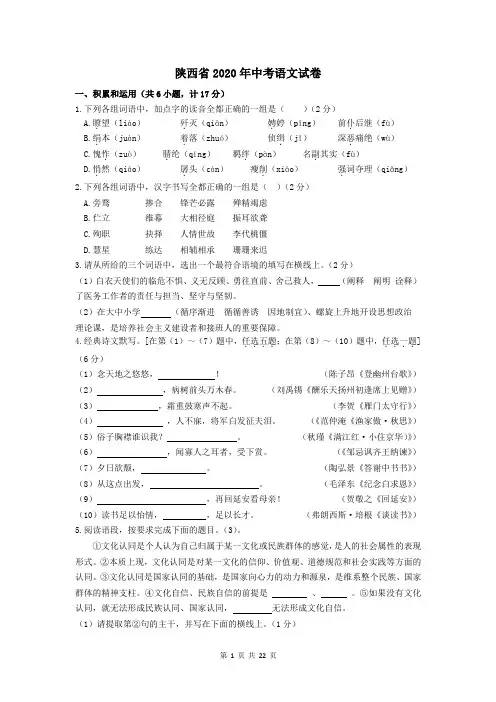 2020年陕西省中考语文试题及答案