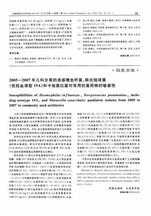 2005—2007年儿科分离的流感嗜血杆菌、肺炎链球菌(包括血清型19A)和卡他莫拉菌对常用抗菌药物的敏感