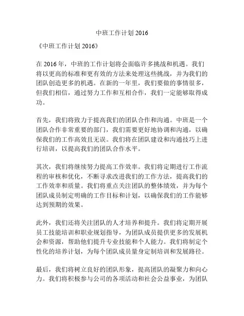 中班工作计划2016