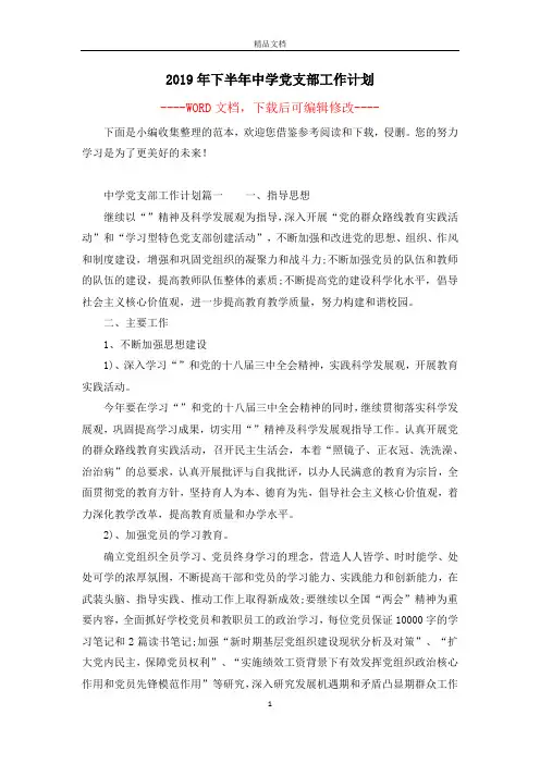 2019年下半年中学党支部工作计划