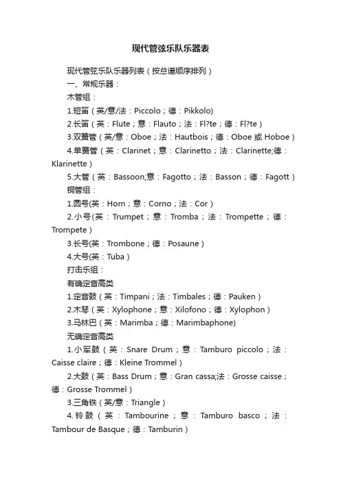 现代管弦乐队乐器表