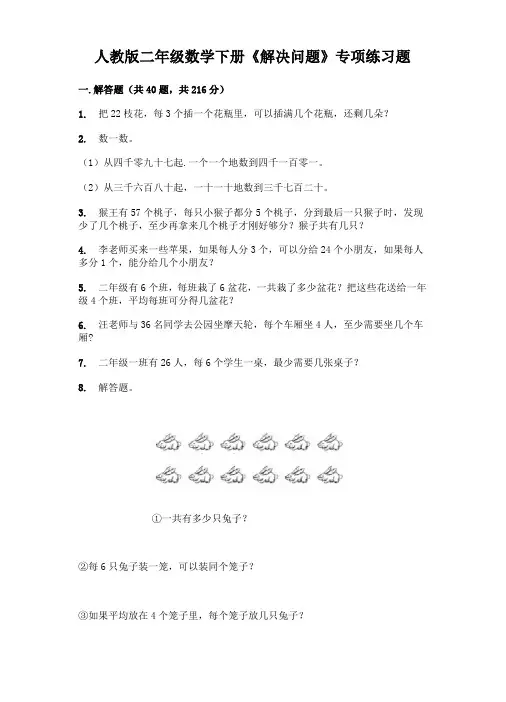 人教版二年级数学下册《解决问题》专项练习题及答案