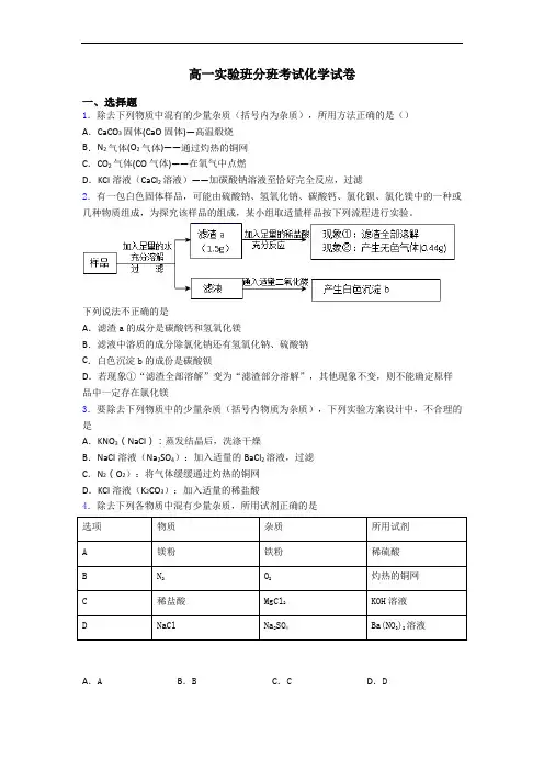高一实验班分班考试化学试卷