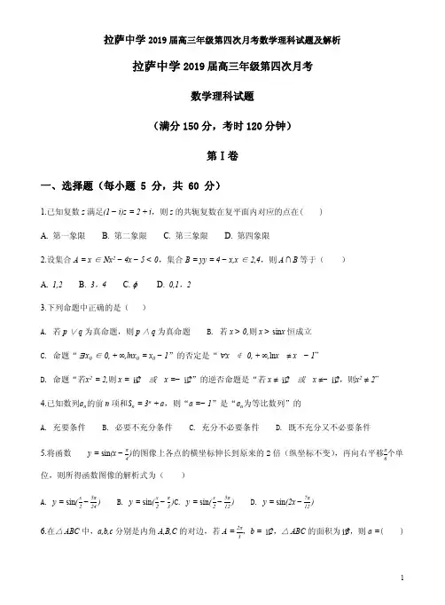 拉萨中学2019届高三年级第四次月考数学理科试题及解析