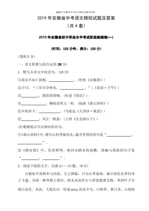 2019年安徽省中考语文模拟试题及答案