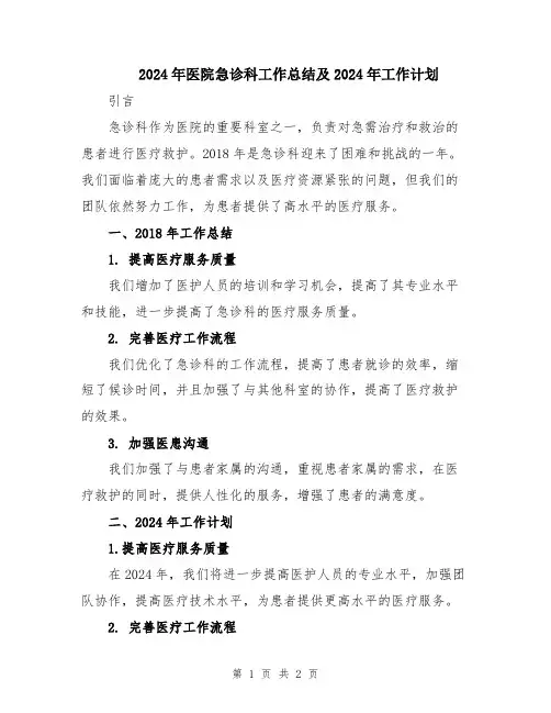 2024年医院急诊科工作总结及2024年工作计划