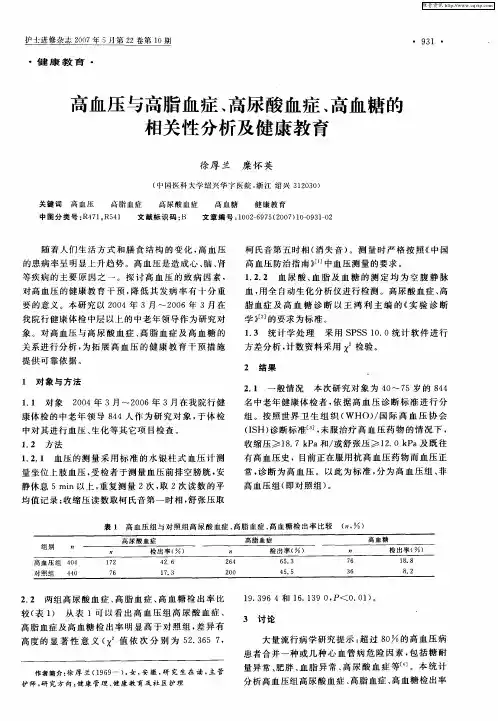 高血压与高脂血症、高尿酸血症、高血糖的相关性分析及健康教育