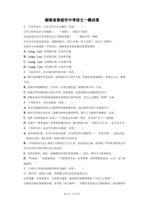 最新整理湖南省娄底市中考语文一模试卷和答案解析