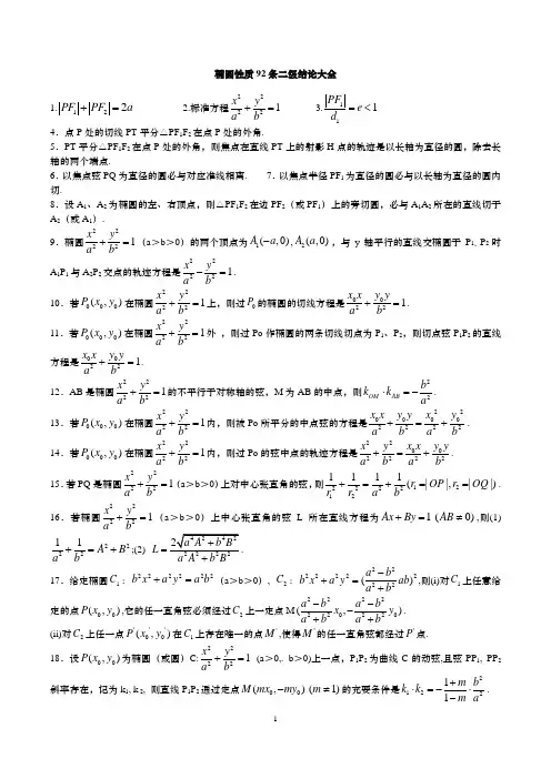 高中数学椭圆性质92条二级结论大全