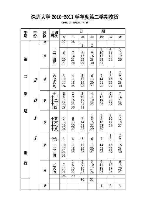 深圳大学2010-2011学年度第二学期校历