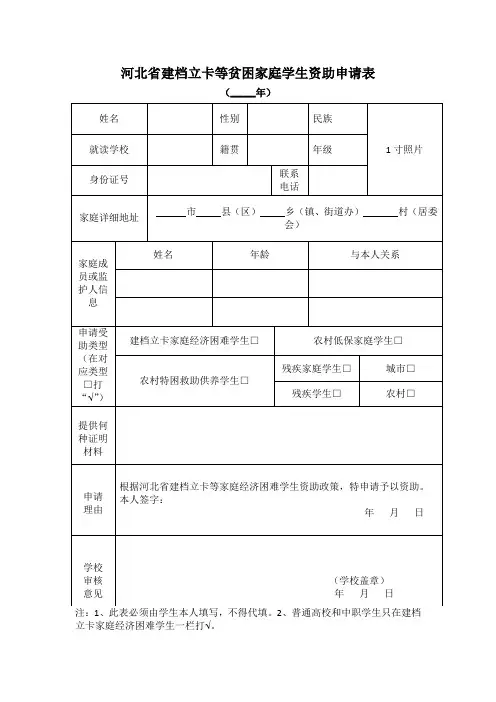 河北省建档立卡等贫困家庭学生资助申请表