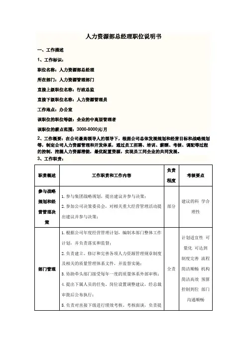 人力资源部总经理职位说明书