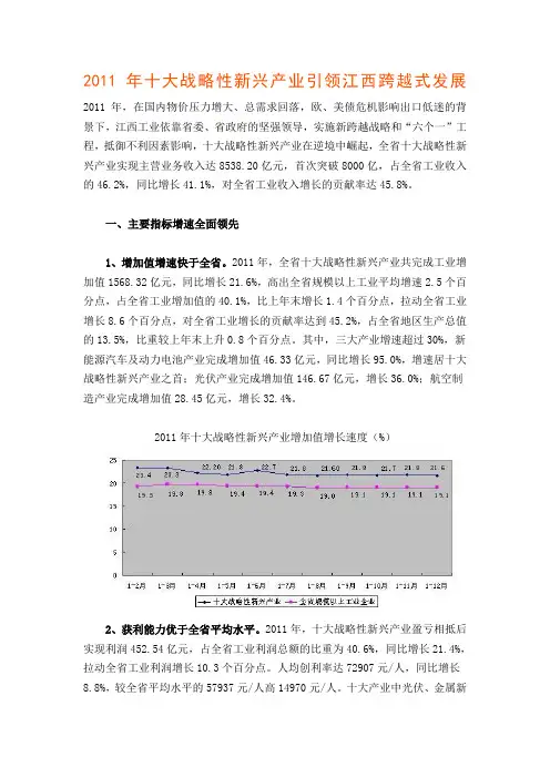 2011年十大战略性新兴产业引领江西跨越式发展