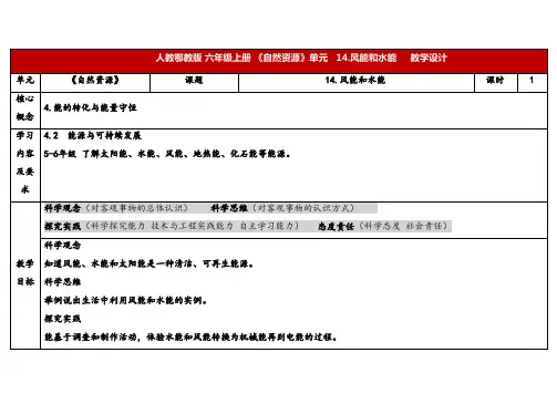 2024年人教鄂教版六年级科学上册 14.风能和水能(教案)