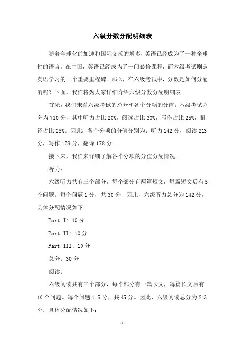 六级分数分配明细表