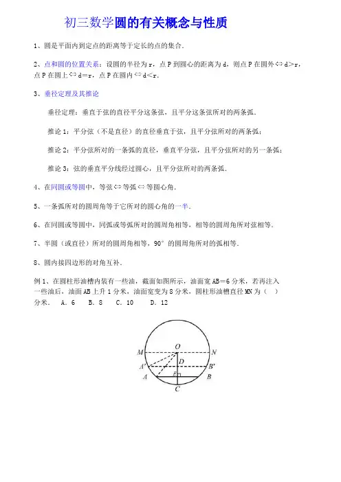初三数学圆的有关概念与性质