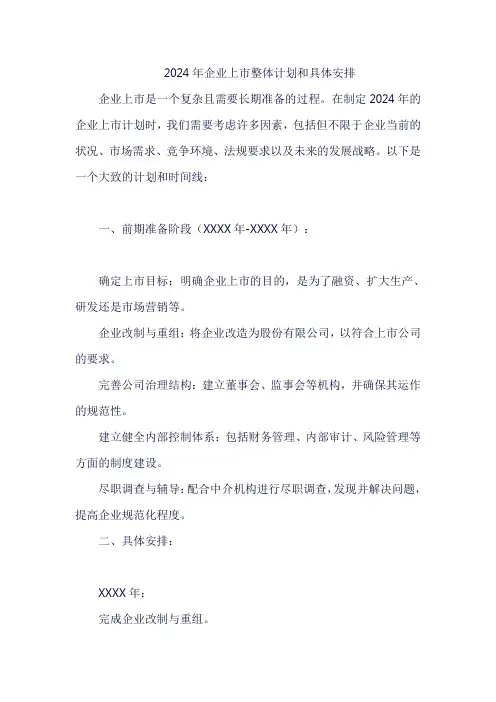 2024年企业上市整体计划和具体安排