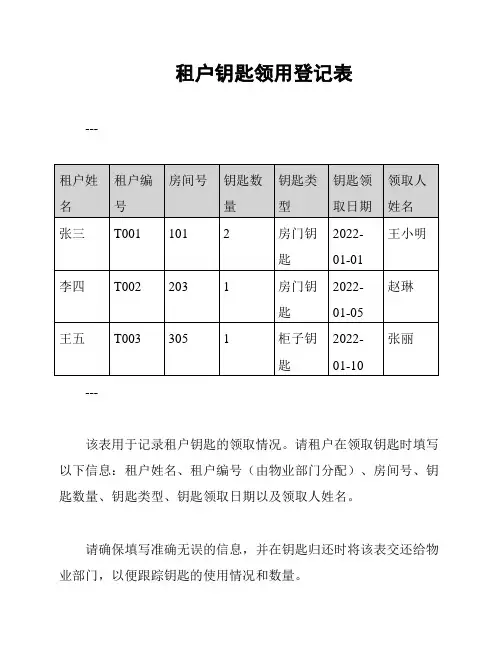 租户钥匙领用登记表