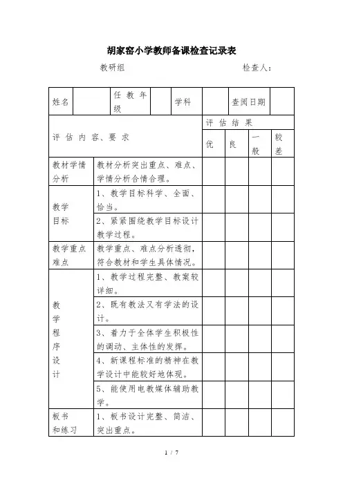 教师备课检查记录表