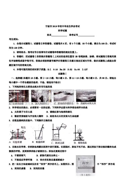 (完整版)2019年浙江省宁波市中考科学试卷(Word版,含答案)