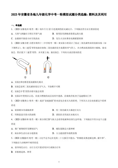 2023年安徽省各地九年级化学中考一轮模拟试题分类选编：燃料及其利用