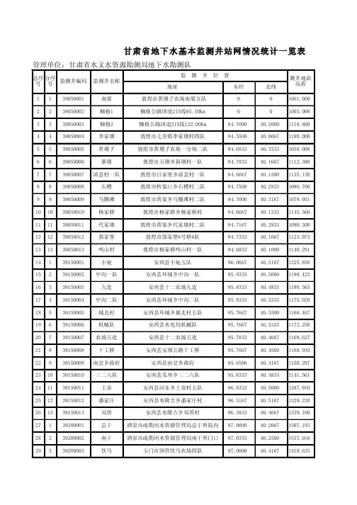 甘肃省地下水基本监测井站网情况统计一览表
