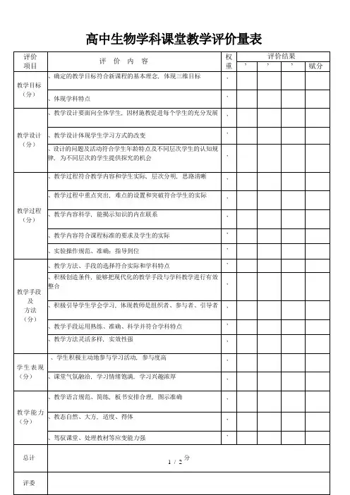 高中生物学科课堂教学评价量表