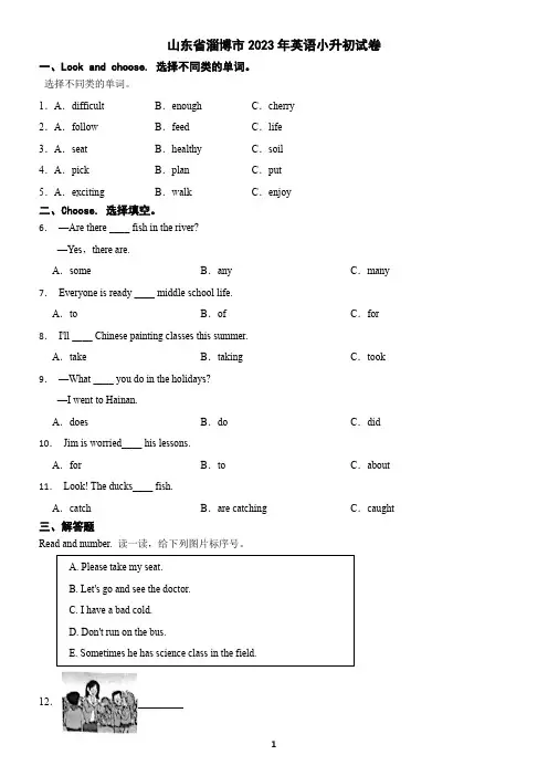 山东省淄博市2023年英语小升初试卷(含答案)