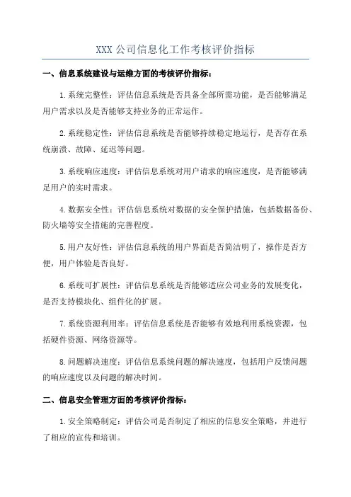 XXX公司信息化工作考核评价指标