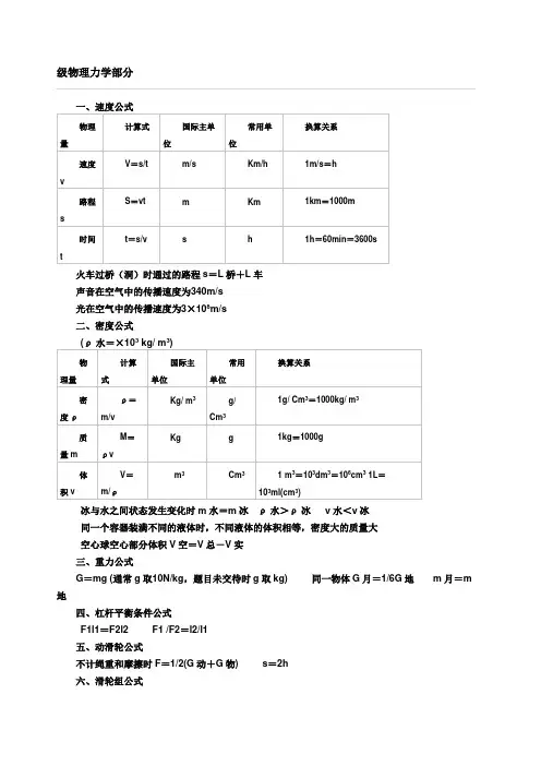 初中物理公式单位换算大全