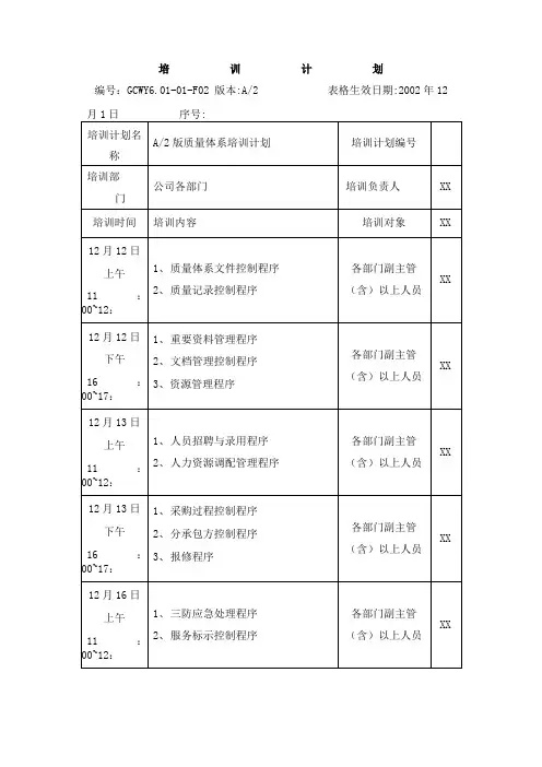 质量管理体系培训计划