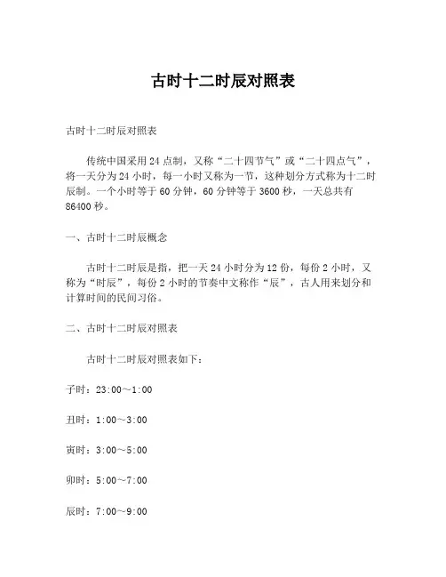古时十二时辰对照表